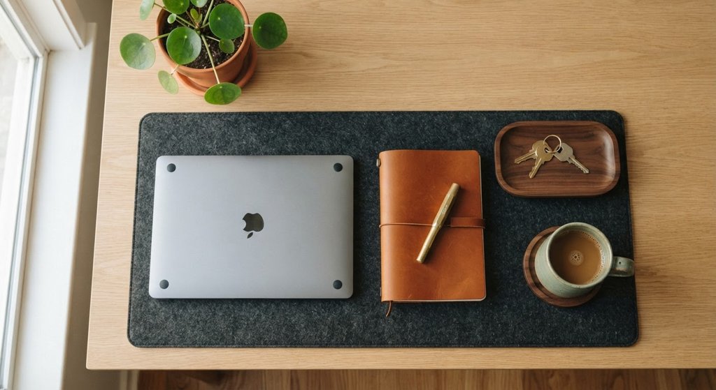 A minimalist workspace with a walnut tray, leather notebook, brass pen and sage ceramic mug