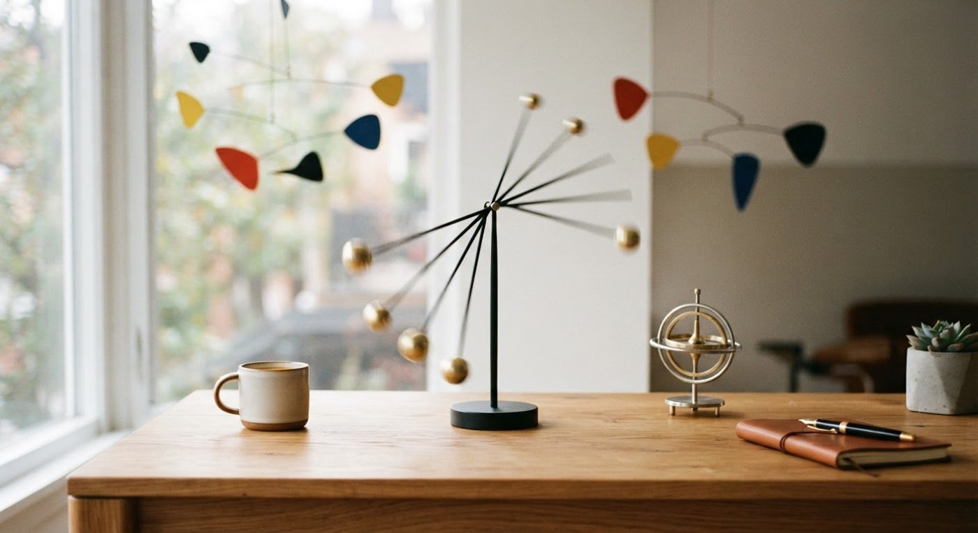 Kinetic desk sculptures — a swinging sticks piece, brass gyroscope, and hanging mobile on a warm oak desk