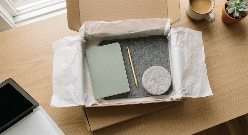 A curated Desk Drop subscription box open on a light oak desk